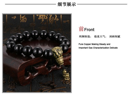 Brass Obsidian Bracelet Men's Handmade Six Character Authentic Antique Jewelry - Picture 17 of 23