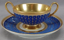 Old Paris Matte Blue Gold Net & Gilt Interior Hemispherical Cup & Saucer C. 1815