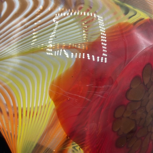 Murano Style Large Globe Vase Art Glass Orange Yellow Black Swirl 7” Tall - Picture 6 of 6