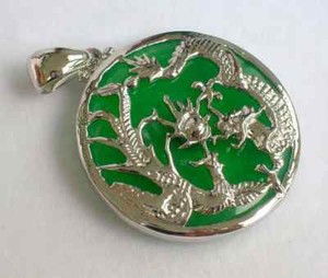 Authentic Green Jade White Gold Plated Dragon Phoenix Sun Luck Pendant Necklace