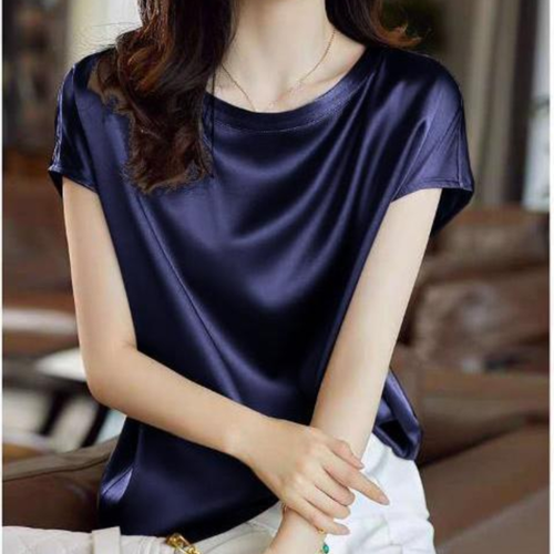 Women Satin Faux Silky Tops Short Sleeve Tee Basic Blouse T-Shirts Shiny Soft - Imagen 10 de 13