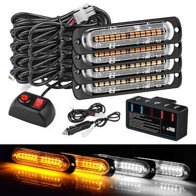 4x LED White Amber Emergency SUV Pickup Strobe Flash Light Warning Grill Front