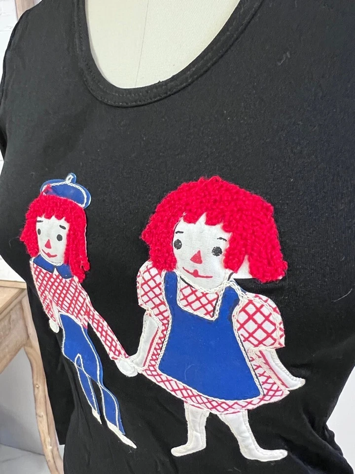 Top Súper Raro De Colección Años 70 Raggedy Ann Andy Apliques Negro Nylon Tejido S M Foto 3 de 4