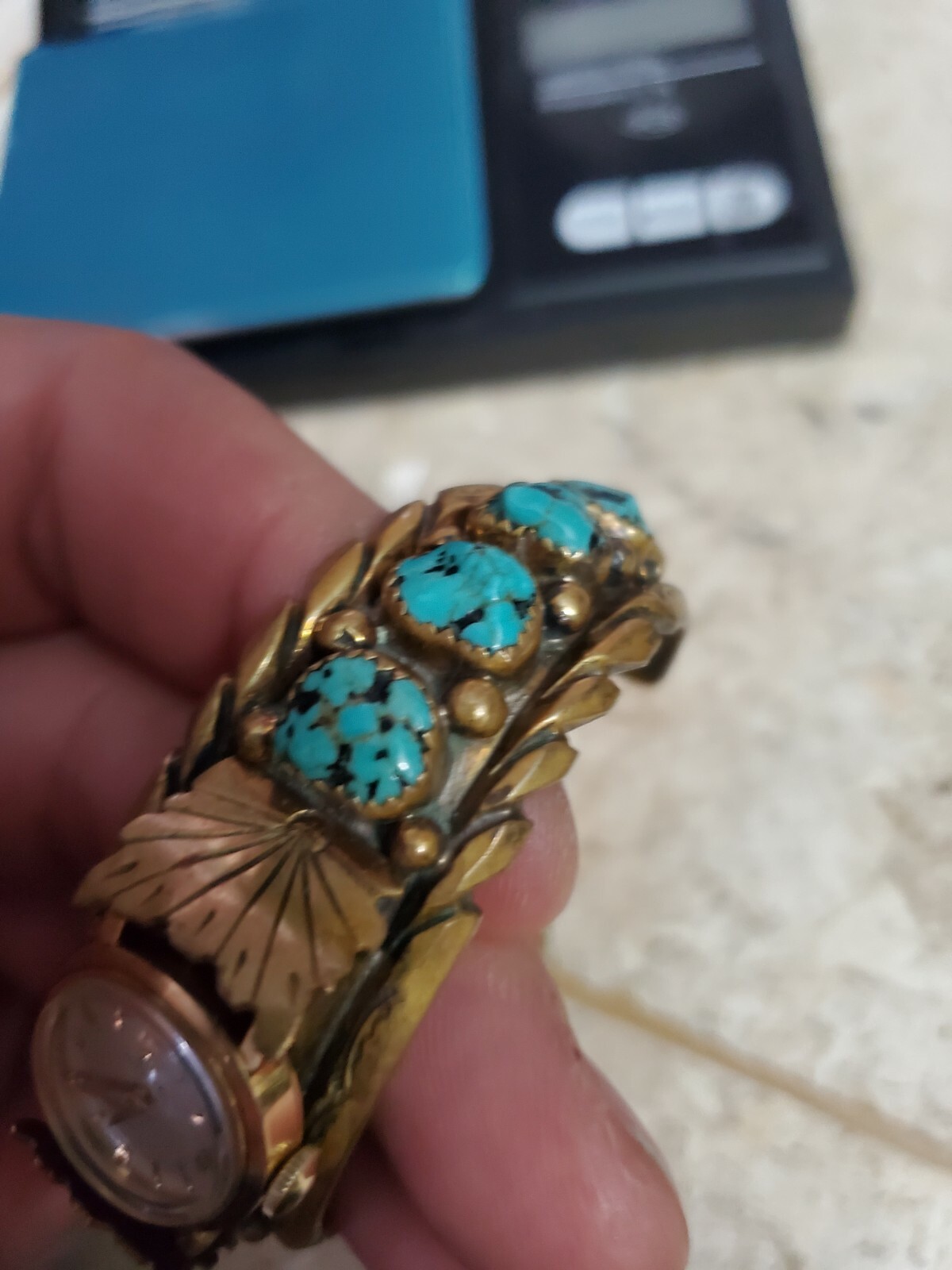 RARE EXQUISITE OMEGA 14K Genuine Turquoise Brass Cuff WRISTWATCH 6.5" 53.7 g image 4