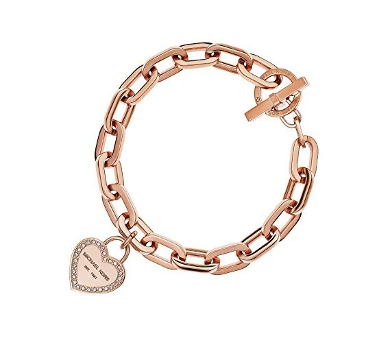 NUOVO BRACCIALE MICHAEL KORS TONO ORO ROSA CRISTALLO BORDO CUORE CATENA CHARM MKJ5394