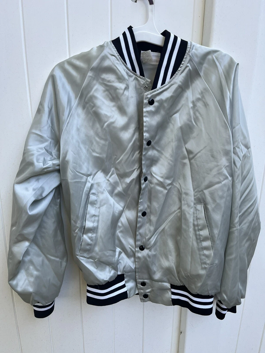 Vintage 80’s Satin Jacket Shiny Silver & Black Men’s Size L 42-44 USA