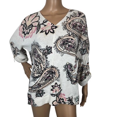 Chicos Floral Paisley Print Knit Sweater VNeck Size 2 / L Multicolor Y2K Grandma