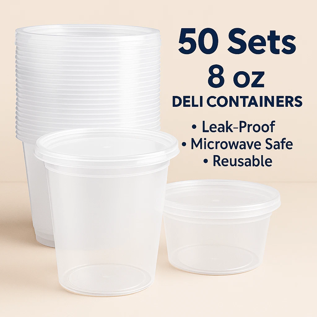 50 Sets 8oz Plastic Deli Containers with Lids – Leak-Proof, Reusable, BPA Free
Opens in a new window