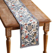 Designer Blue Cottage Rustic Floral Patterned Linen Table Runner 102 Inch Lon...