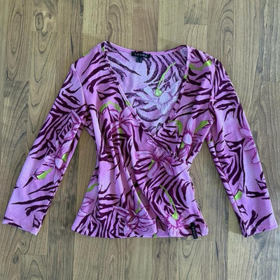AXARA Pink Purple Green Floral V-Neck 3/4 Sleeve Pullover Top Women XS Reg
