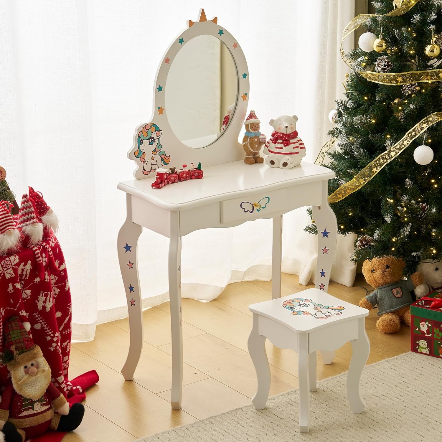 Unicorn Princess Kids Vanity Table and Chair Set with Cute Design