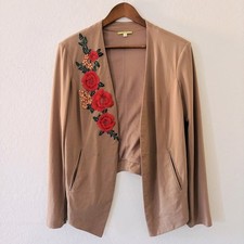 Gianni Bini Tan Blazer Red Floral Embroidery Stretchy Large Lightweight