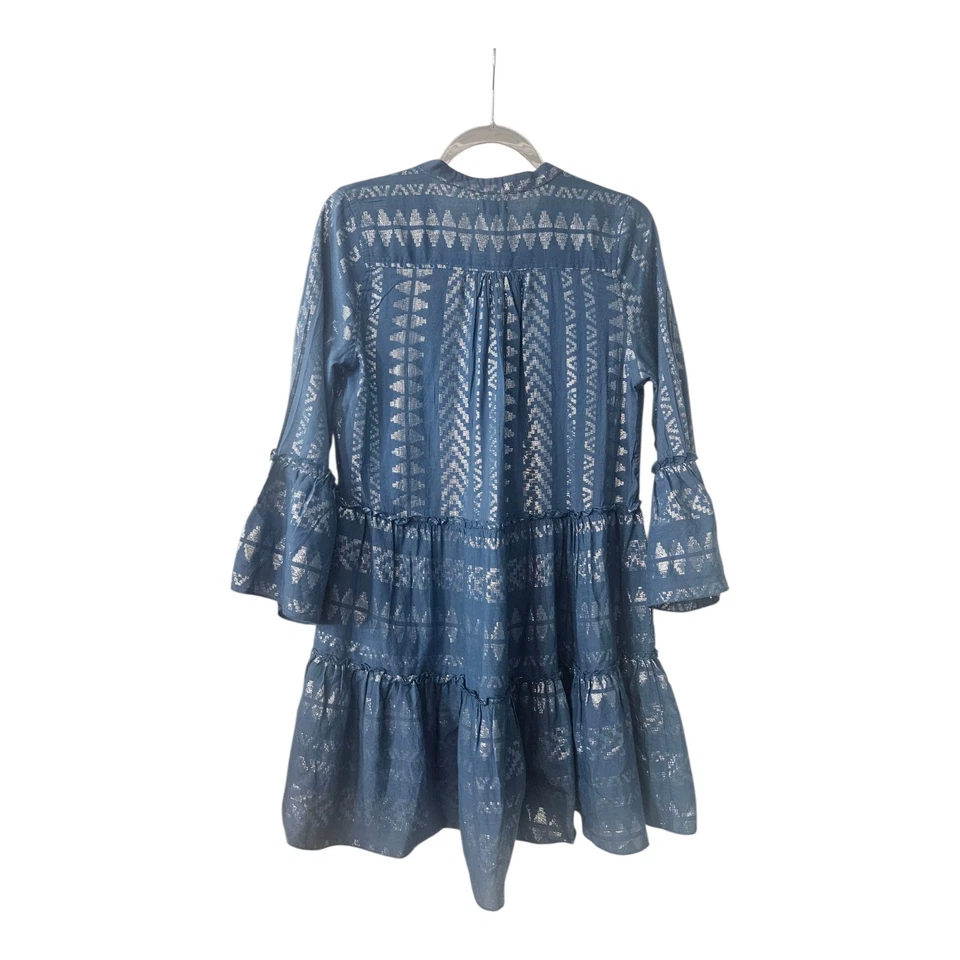 Mini Vestido Elan Clara Talla Pequeña Azul Plateado Metálico En Niveles Volantes Mangas Campana BOHO Foto 3 de 4