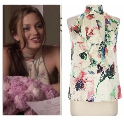 ASO Blair Waldorf Parker Gossip Girl Brush Stroke Silk Blouse Extremely Rare