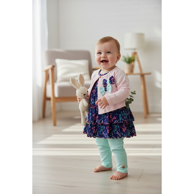 Ashley Baby Girl 3-Piece Dress, Cardigan Leggings Set 100% Cotton Size 3 Months