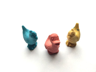 3 CHICKENS/DUCK - DIENER RELATED rubber erasers 1970's/1980's LOT animals
