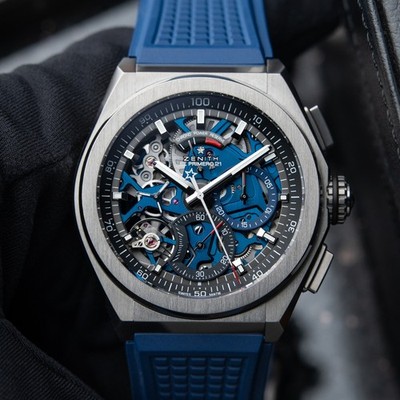 Zenith Defy El Primero 21 1/100th Chronograph Titanium Blue Skeleton Strap Watch