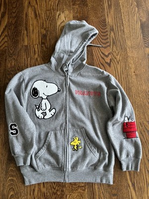 Peanuts Snoopy, Gray Full Zip Sweatshirt Hoodie Chenille Patches Medium EUC