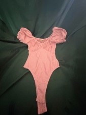 Altar'd State Pink Ribbed Puff Sleeve Bodysuit Size S