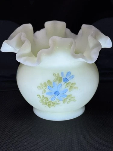 Signed Fenton Vase Satin Custard Uranium Glass Scalloped Hand Painted 4.5"x 4"