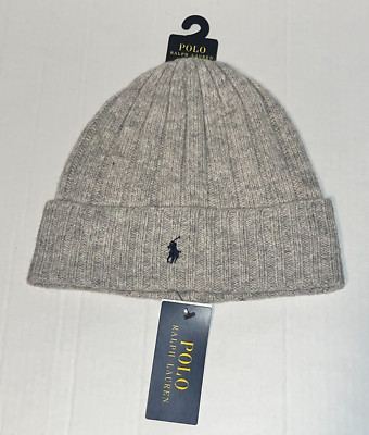Polo Ralph Lauren Wool Heather Grey Blend Ribbed Cuff Knit Beanie Hat Navy Pony