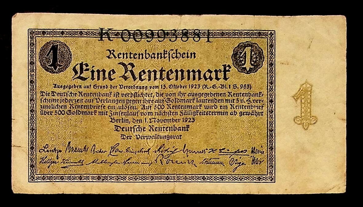 1923 Germany 1 Rentenmark Banknote