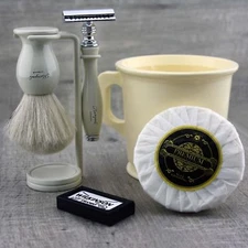5 Piece Complete Classic Men's Shaving Set DE Safety & Pure White Badger Brush