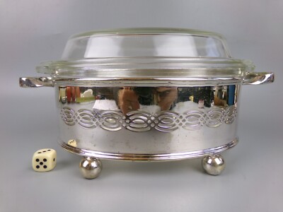 Pyrex Oven Serving Dish in silver plated Holder/Stand. Lidded Casserole. Vintage