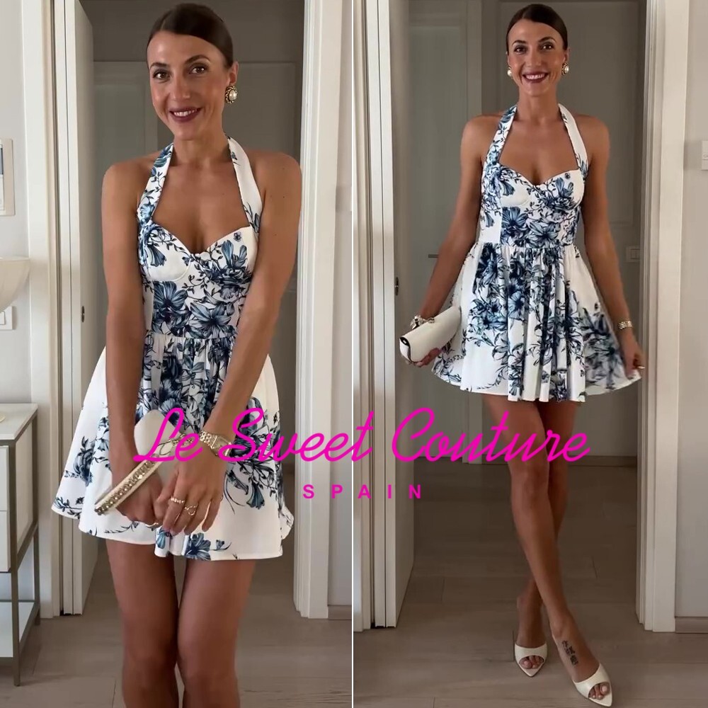 ZARA WOMAN SS25 FLORAL HALTER DRESS MINI SHORT BLUE 0085/131