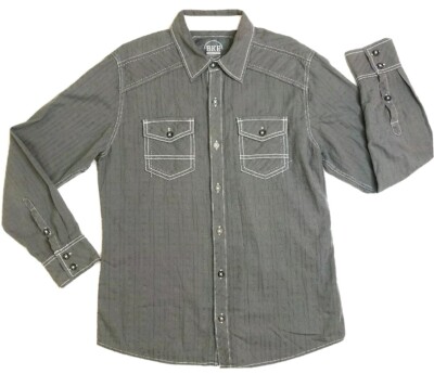 BKE Buckle L Gray White Thick Stitch Button Long Sleeve Western Design Shirt 