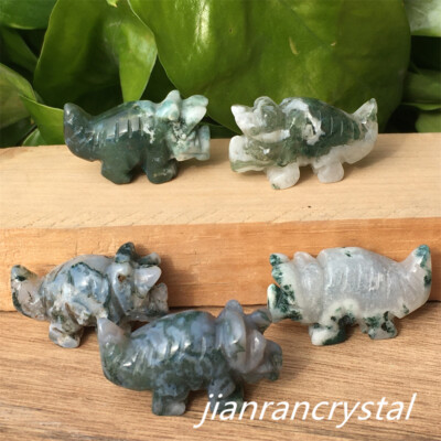 5pcs Natural Moss Agate Dinosaur Carved Mini Quartz Crystal Skull Healing