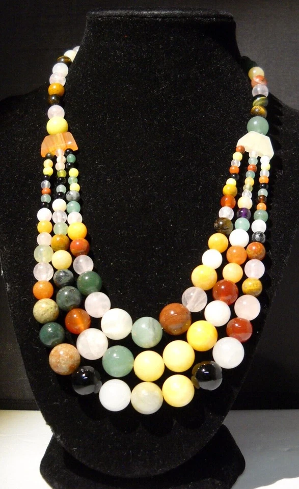 半珍贵宝石项链多股玉玫瑰石英老虎眼 #265