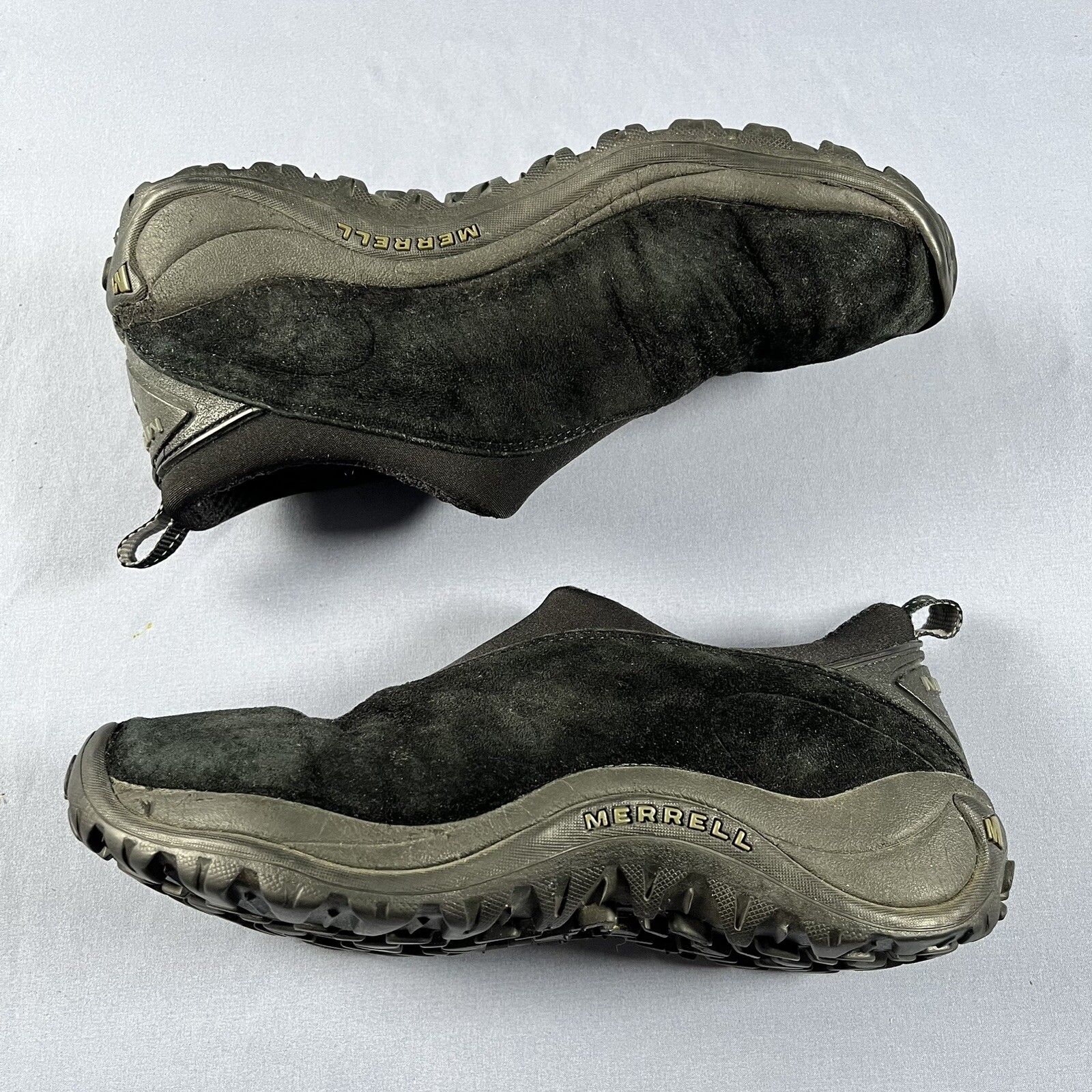 Scarpe da passeggio Merrell Orbit Moc da uomo taglia 8 scamosciate slip on nere sneakers da trekking