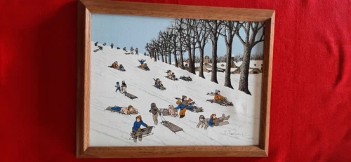 Framed Painting on canvas Art children sledding by H Hargrove