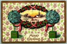 Holly Wreath Winter Scene Flowers Merry Christmas Gilt Embossed DB Postcard F7