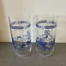 2 In Set Vintage Blue Willow Water Tumbler Rocks Glasses Cocktails 16 Ounces