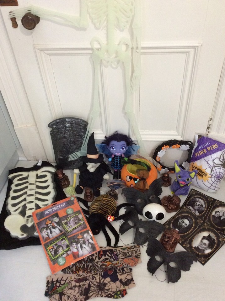 Large Bundle Mixed Halloween Decorations New & Used Skeleton Tomb Bat