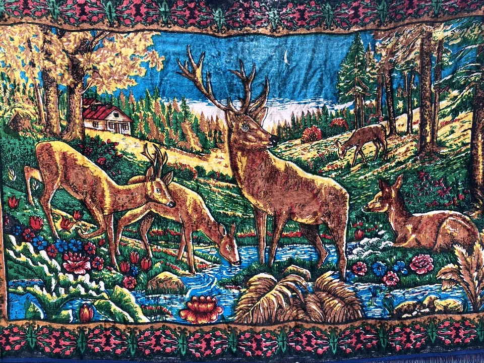 Alfombra de pared de felpa vintage tapiz ciervo URSS en el lugar de riego 2,12-1,30 cm Foto 4 de 4