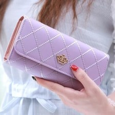 Classic Argyle Embroidery Wallet Women Folding Long Money Clip Clutch Bag Purple
