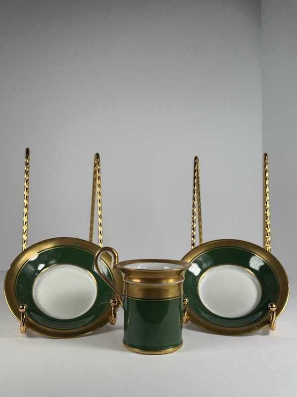 Luxury Limoges France Décor Main Emerald Green Gold Gilt Cup & 2 Saucers Rare!
