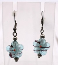 Handmade Aqua Blue Glass Flower Dangle Earrings Silver-Tone Hooks Red Accents
