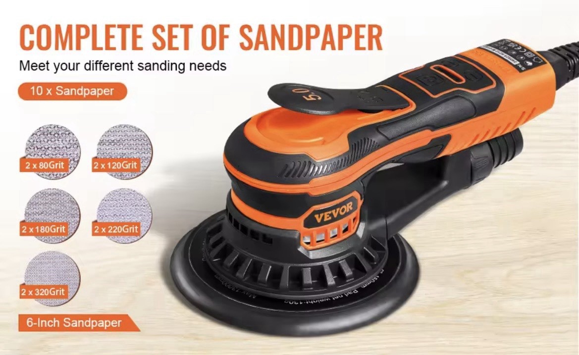 VEVOR Orbital Sander 6'' Palm Sander 10000PRM 10 PCS of Sandpapers 6 Speeds