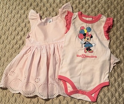 GAP Pink Eyelet Dress & Disney One Piece- Baby Girl Lot of 2 Outfits - 18-24 Mos
