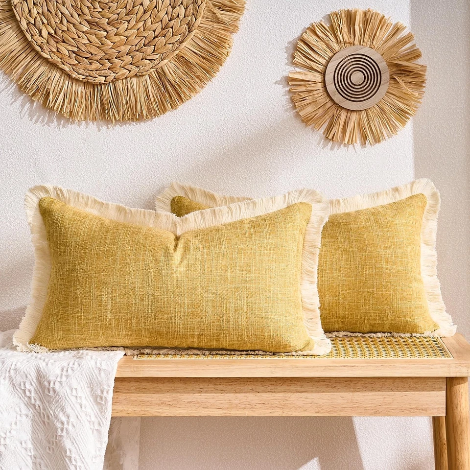 2-Pack Boho Lumbar Pillow Covers 12x20", Mustard Yellow, Fringe Tassels - Image 4 of 4