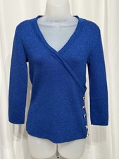 Cable Gauge blue metallic V-neck Size M sweater w/ side mock Jewel buttons NWT