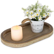 Decorative Serving Tray Wood: Brown Bead Oval for Coffee Table Rustic Wooden ...