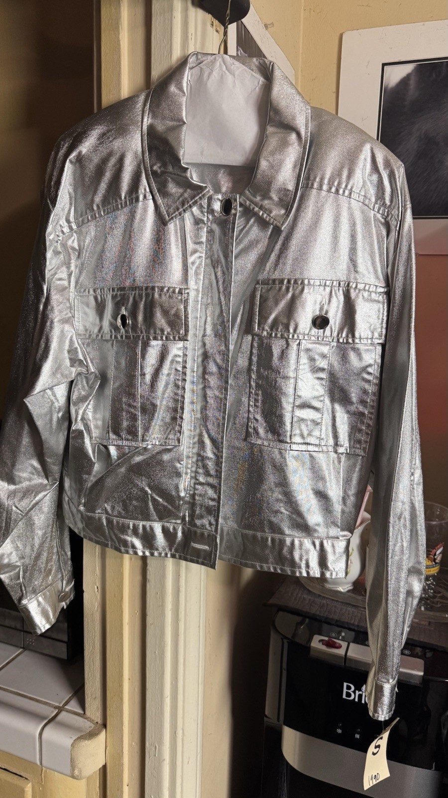 Silver Metallic Shiny Jacket with Button Closure … - image 1