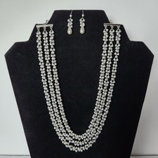 Blue Graduated 3 Strand Faux Pearl Adjustable Necklace And Pierced Earrings Set