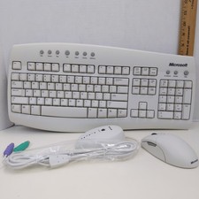 Vintage Microsoft Wireless Desktop Keyboard Mouse Set White PS2 Receiver Retro