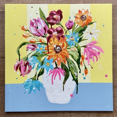 Flowers on yellow stripe Original Acrylic Painting On 50x50cm Canvas